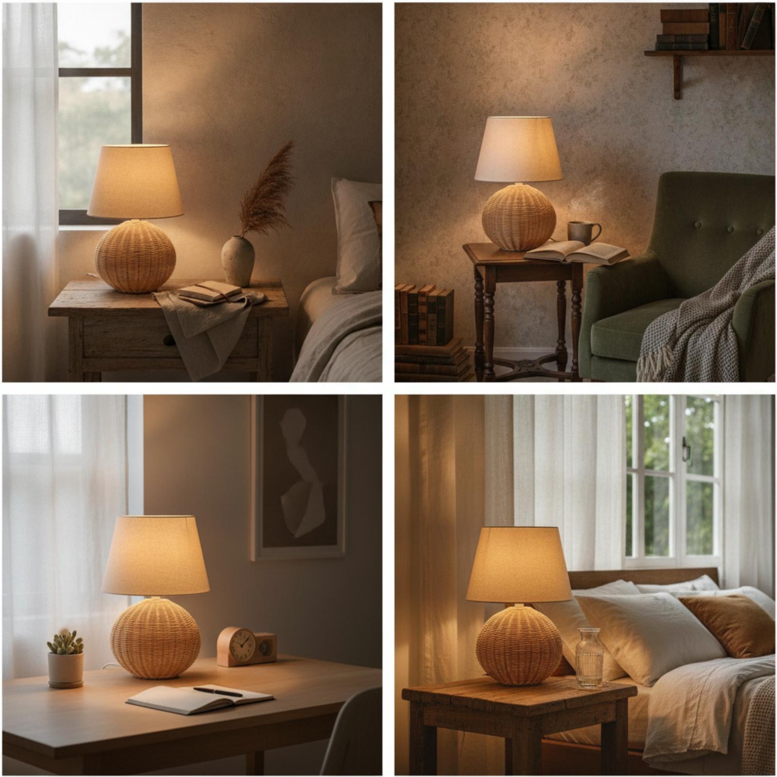 Bedside Lamp Rattan Base Fabri - огляд і ціна Lighting Decor In Room